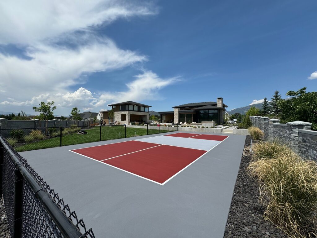 dove gray red backyard outdoor pickleball court